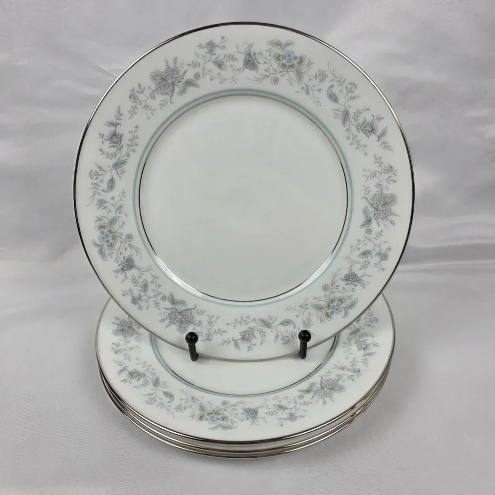 FOUR Oxford China Spring Salad Plate Multicolor Floral Rim Aqua Band